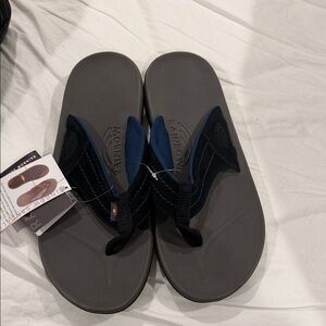 Rainbow Gray Footbed Flip Flops with Navy Straps